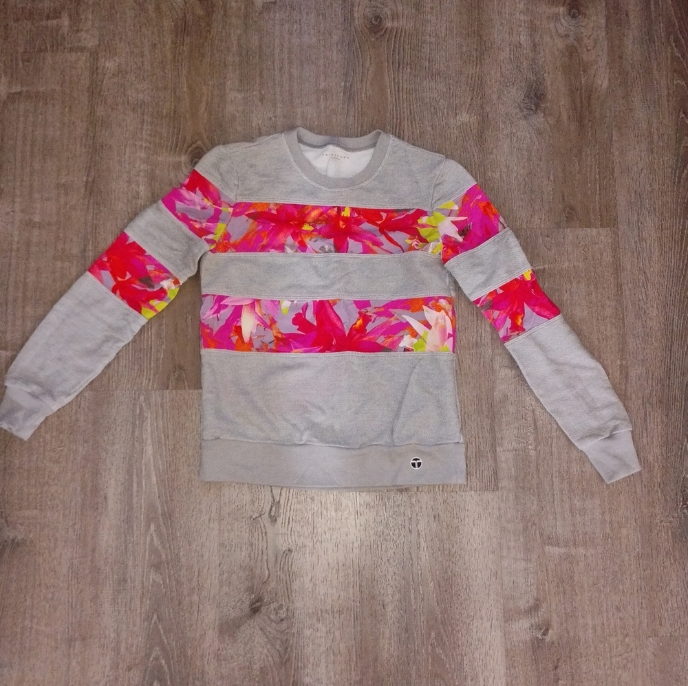 TRINA TURK Floral Colorblock Sweatshirt - Heather Gray & Pink Print Medium